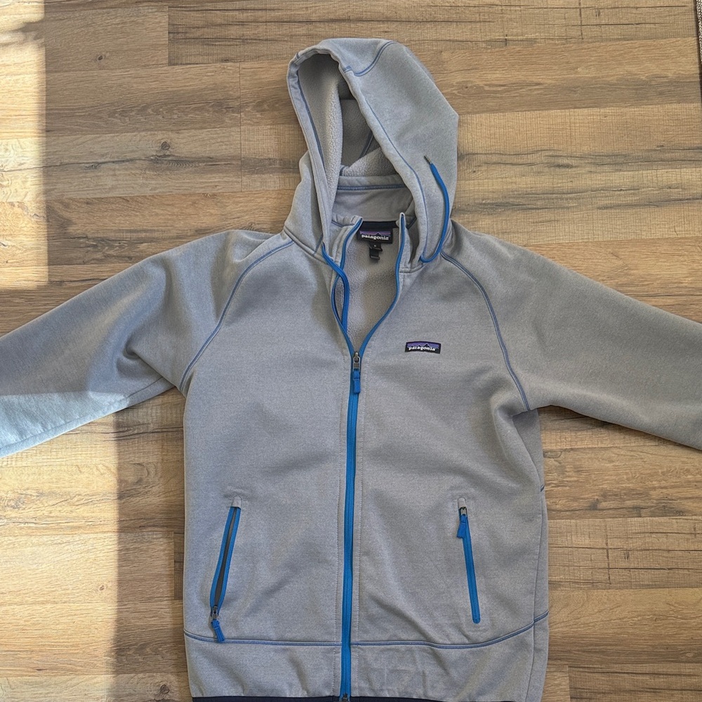 Patagonia Gray Hoodie Jacket with Blue Accents